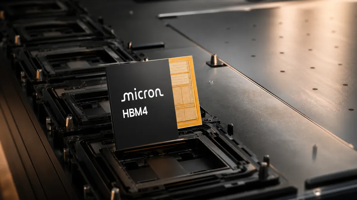 A Micron Technology HBM4 memory package on a test carrier that widens from a shadowed lane into a brighter inspection field