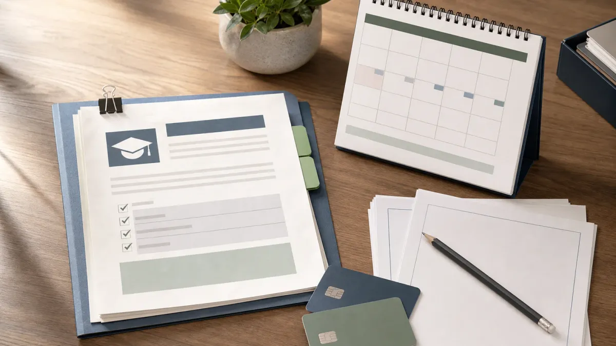 A financial aid packet, calendar and payment cards arranged to show a borrowing decision for the 2026-27 school year