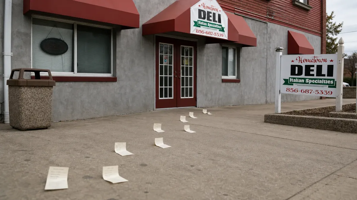 A source-grounded editorial view of Your Hometown Deli with sparse stock-trading documents in the foreground