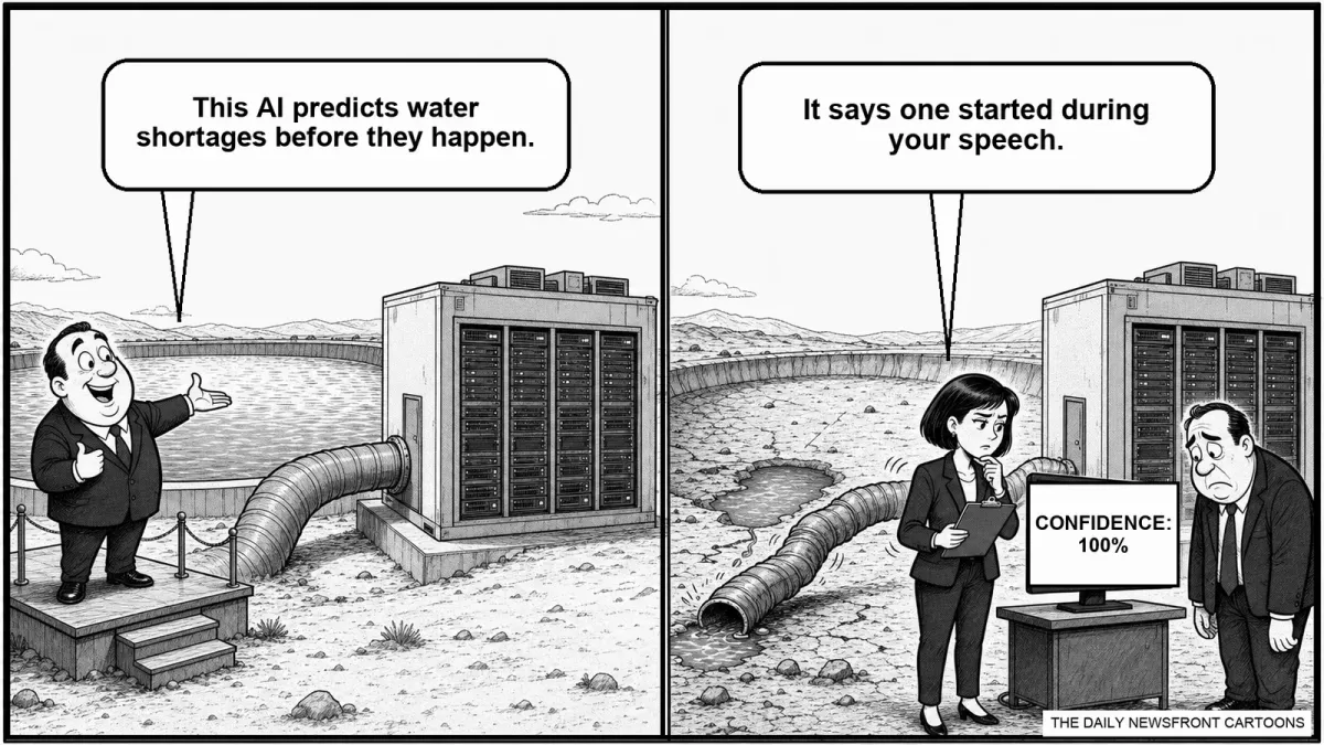 Two-panel black-and-white cartoon in which an official says a new AI can predict water shortages, then an analyst beside a reservoir-draining data center says one began during his speech; a screen reads ‘Confidence: 100%.’