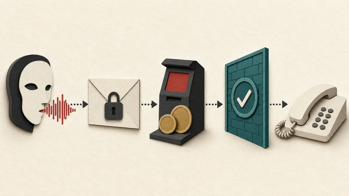 An illustrated scam pathway shows a synthetic voice signal, private message and crypto payment stop before a verified household phone.