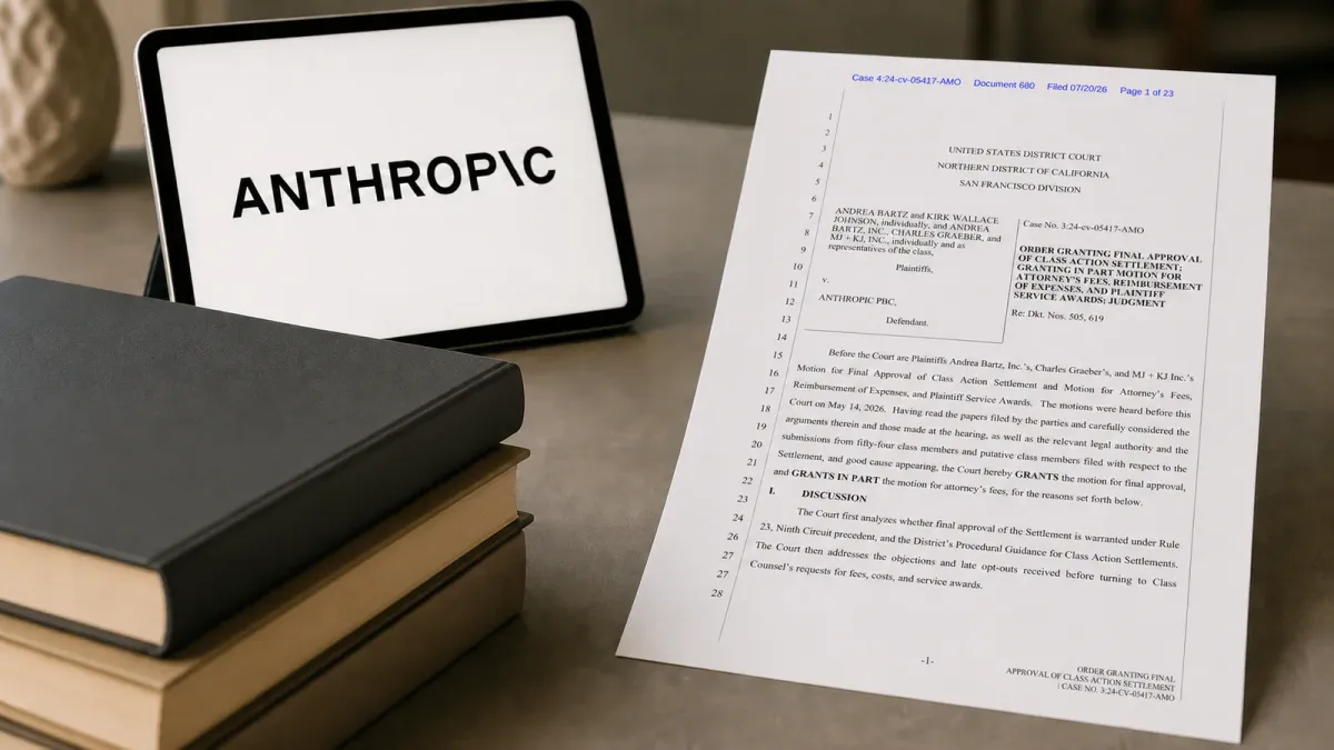 Anthropic branding and a federal court order are arranged beside a stack of books to illustrate the approved AI copyright settlement.