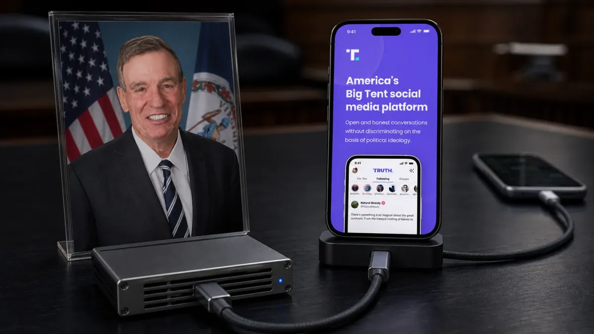 Sen. Mark Warner's official portrait beside a Truth Social phone with separate short and long data routes