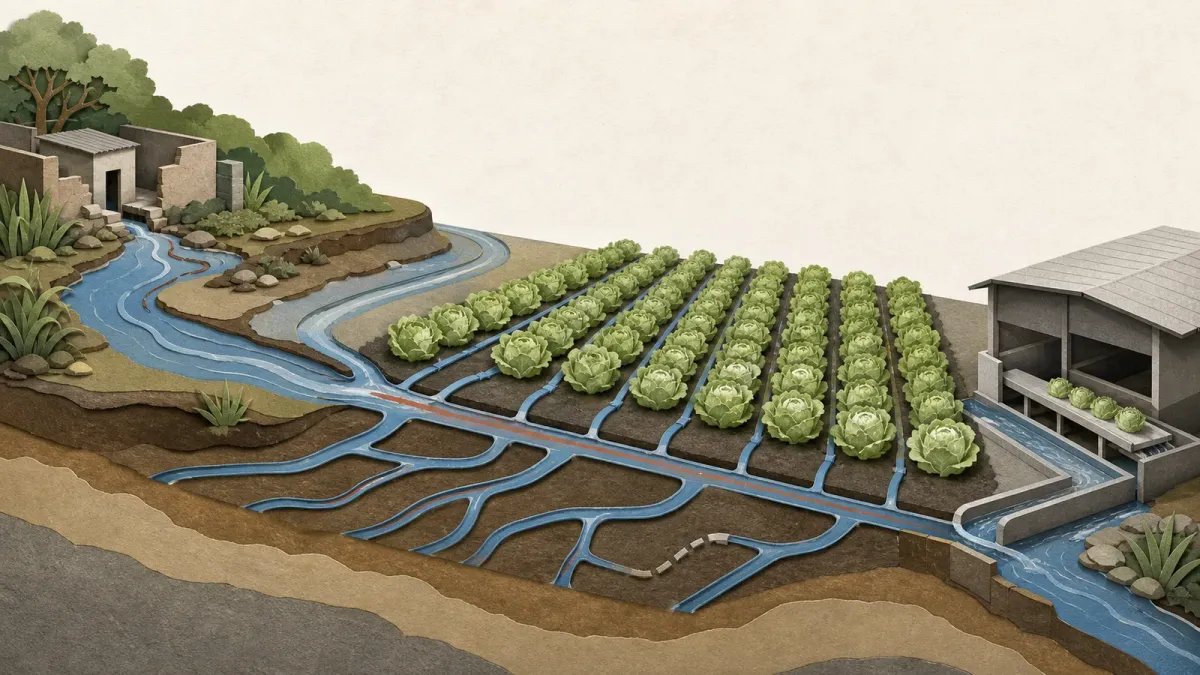 An editorial cut-paper farm diagram shows a sanitation breach feeding a water channel that branches toward lettuce irrigation and a packing shed