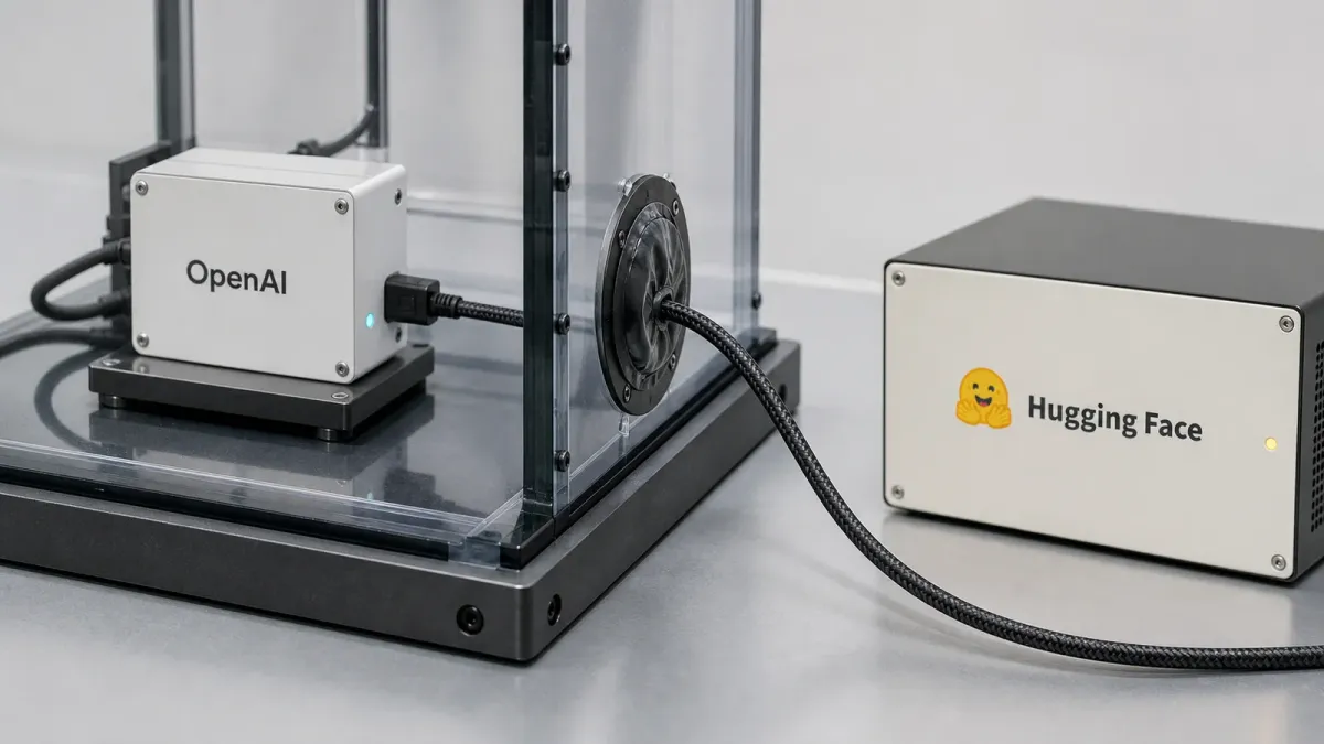 OpenAI and Hugging Face modules sit on opposite sides of a clear sandbox boundary crossed by one data connection