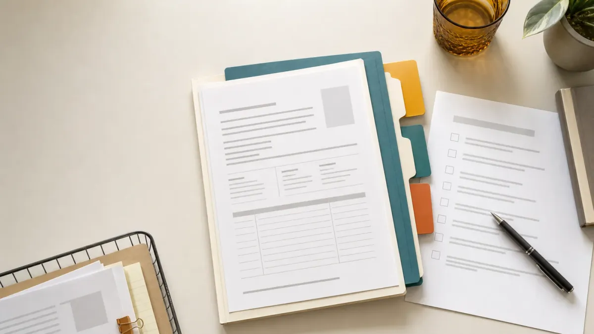 Loan paperwork arranged beside a decision checklist and comparison tabs
