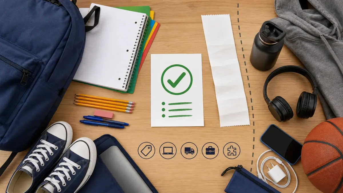 School supplies, shoes, receipts and a checklist arranged for a tax-free shopping review