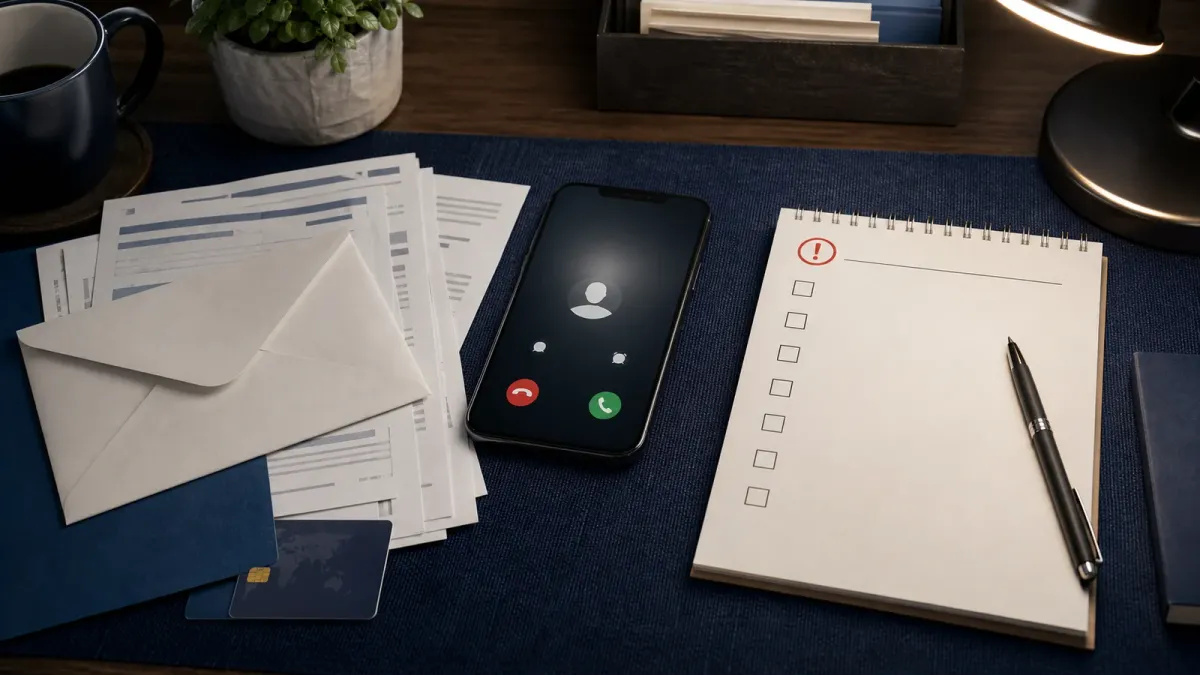 A phone, bill folder, payment card and warning checklist arranged on a desk for a military debt relief scam article