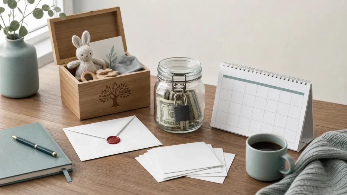 A child savings jar, blank account folder and sealed contribution envelope arranged on a desk.