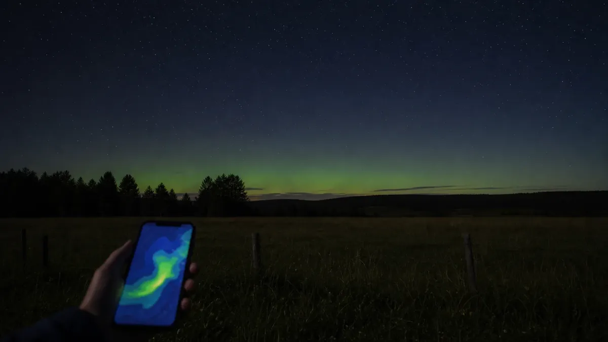 A quiet northern horizon with faint green aurora light above a dark field as a phone checks a live forecast map
