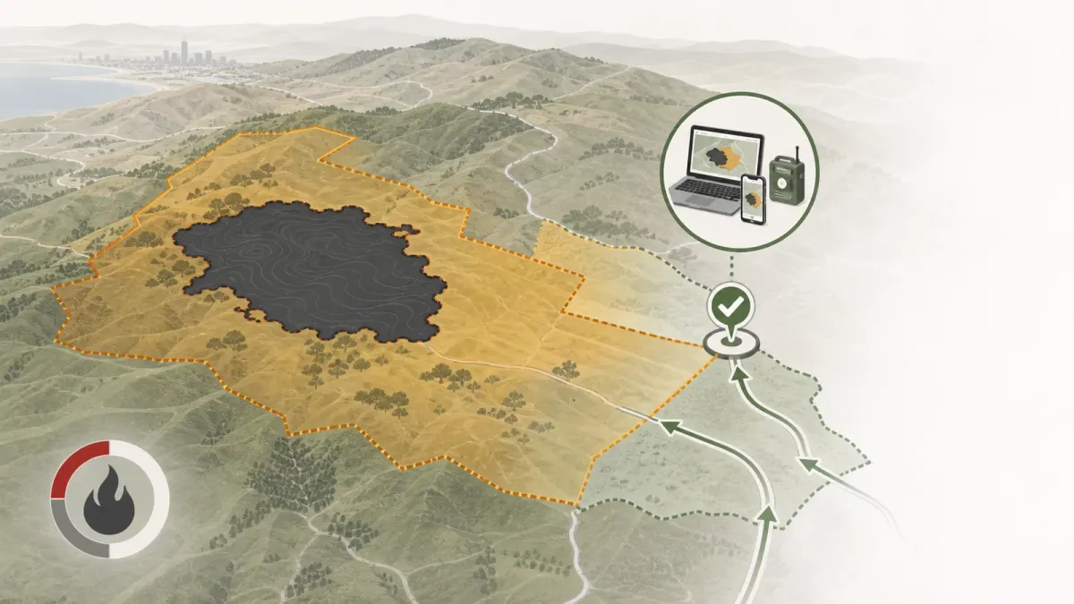 Simplified wildfire evacuation map with a return-check route and containment marker