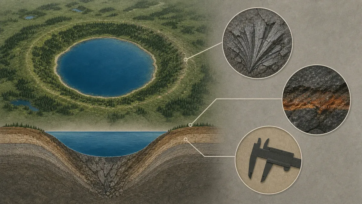 Diagram of a circular lake basin connected to rock samples showing crater-proof evidence.