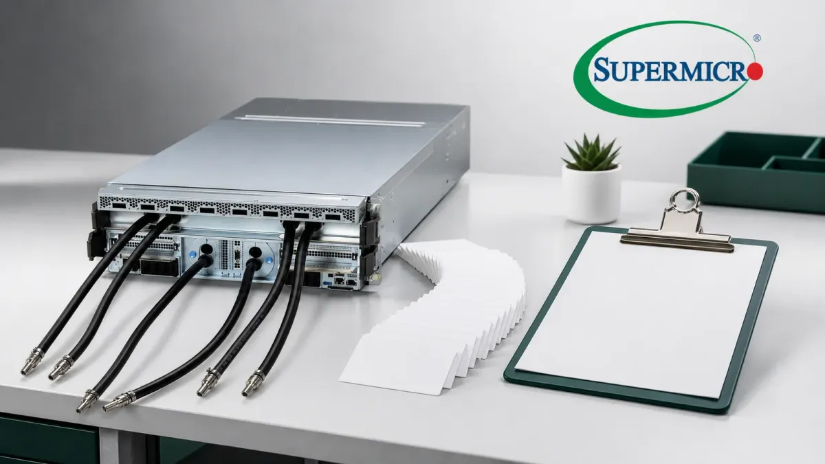 A Supermicro AI server on a workbench beside blank order cards and a margin-check clipboard
