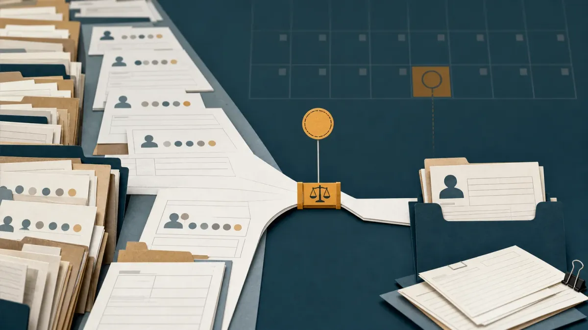 Illustrated workforce records narrowing from a broad reporting lane into a smaller case-specific request path