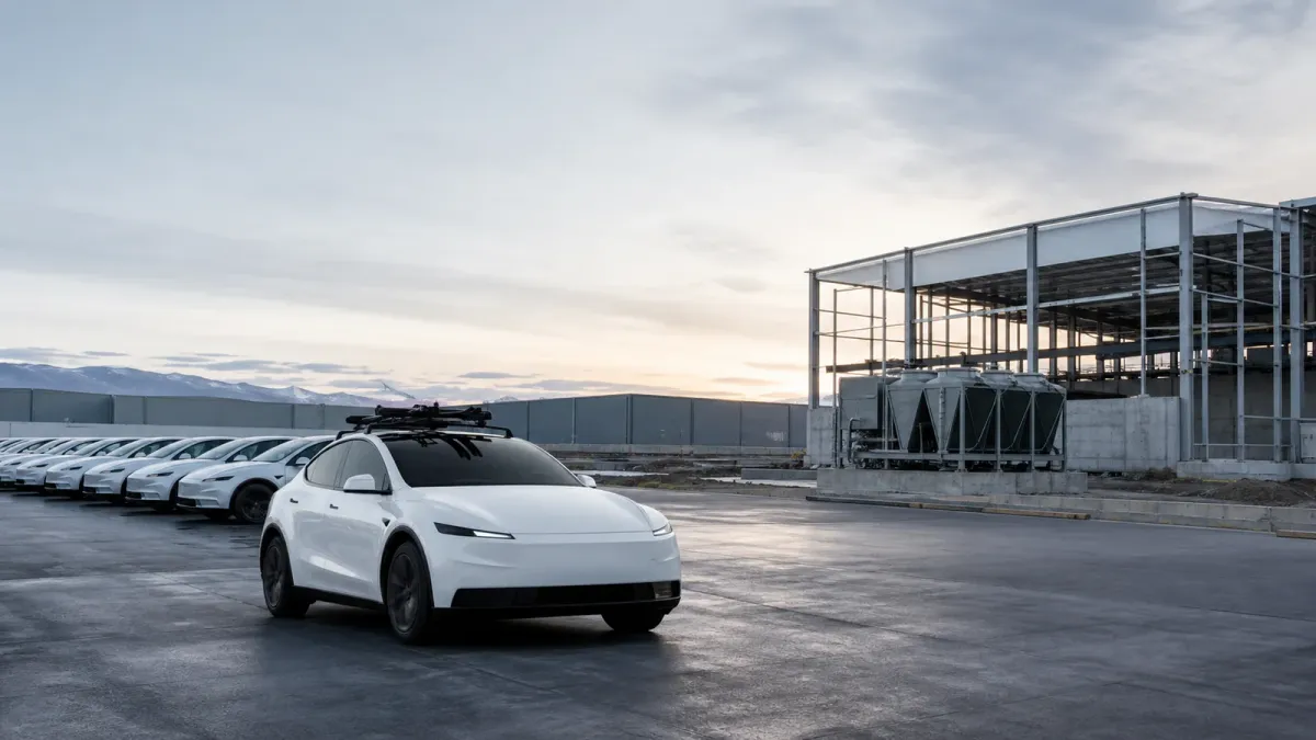 A source-grounded Tesla Model Y on an industrial apron between outbound vehicles and a factory expansion bay