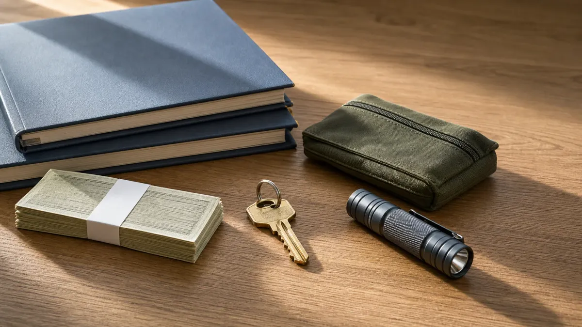 A brass house key beside a modest cash bundle, mortgage folders, an intact reserve pouch and an inspection flashlight on a wooden table