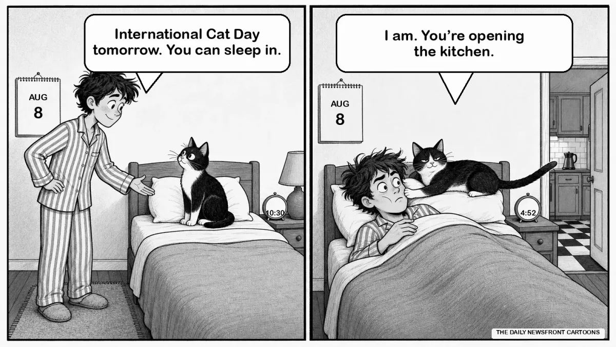 Two-panel black-and-white newspaper cartoon. At night, Sam tells tuxedo cat Biscuit he can sleep in for International Cat Day. At 4:52 a.m., Biscuit lounges on Sam's pillow, wakes Sam with one paw and says that Sam is opening the kitchen.