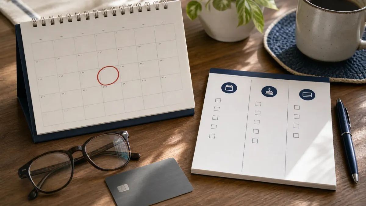A calendar, debit card, blank checklist and reading glasses arranged for a payment-date check.