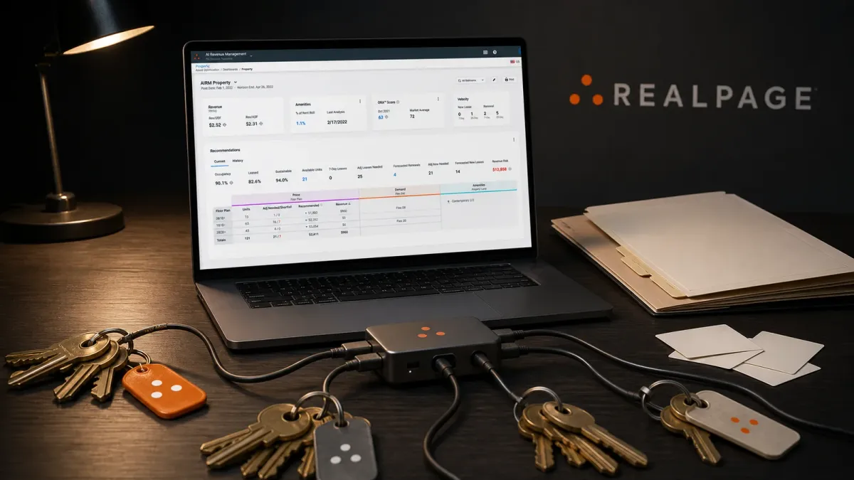 Apartment key rings and blank lease papers converge beside a laptop displaying the RealPage rent-pricing dashboard.