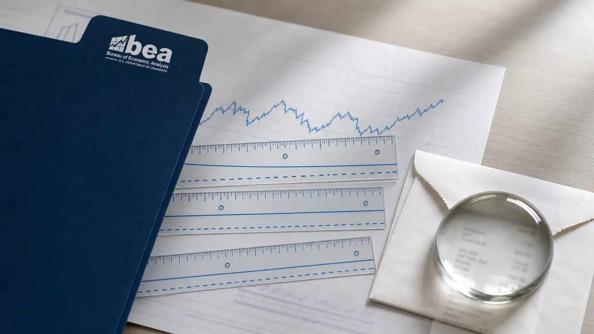 A source-grounded BEA inflation report on a desk beside three transparent measurement overlays and a fixed receipt envelope