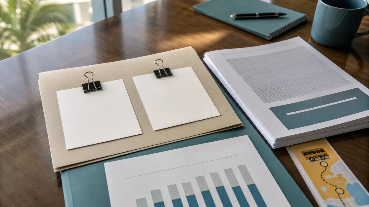 A school board meeting folder, district budget pages and two blank candidate cards arranged on a conference table