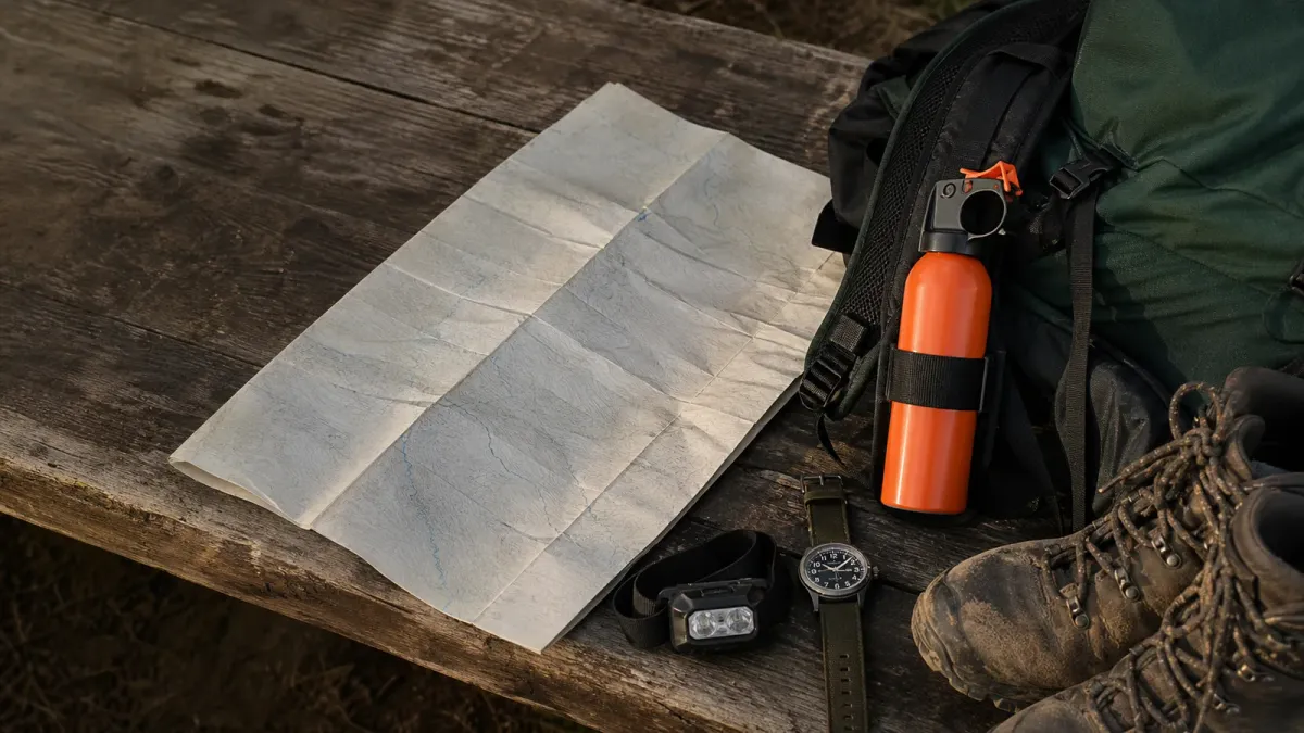 Bear spray, a headlamp and a blank trail map arranged on a wooden bench beside a hiking backpack.