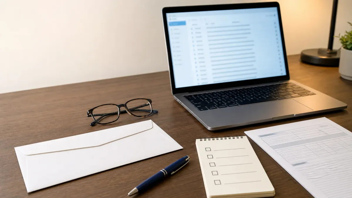 A laptop inbox, benefit-style envelope, tax worksheet and verification checklist arranged on a desk