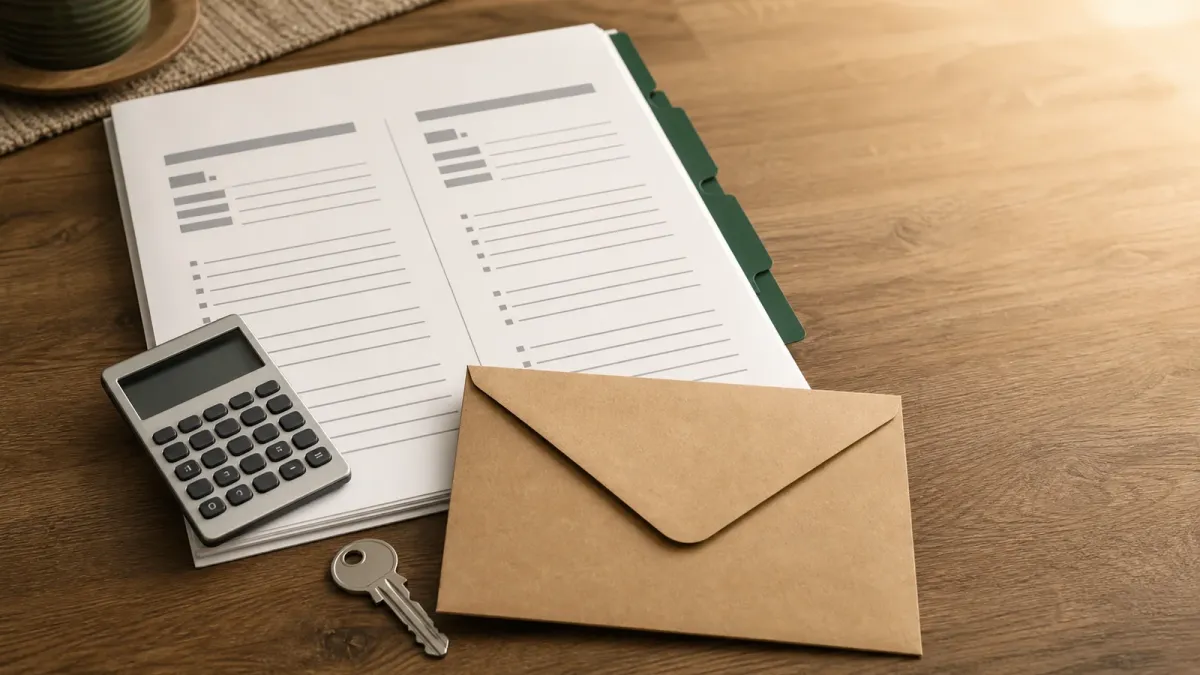 Mortgage worksheet, calculator, house key, and closing-cost envelope arranged on a table