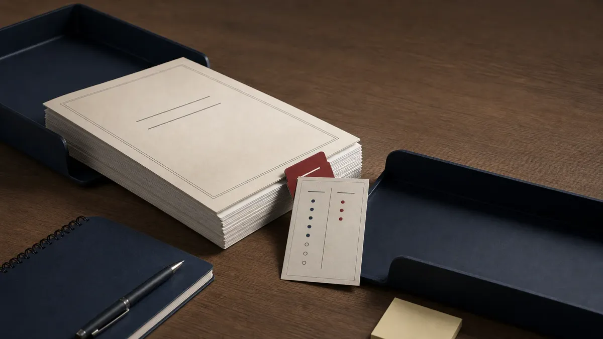 Budget paperwork moves between two desk trays with a red procedural tab blocking part of the path.