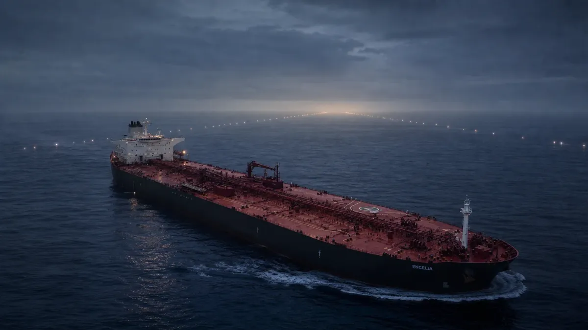 The Saudi-flagged tanker Encelia moves through dark open water as two distant shipping lanes narrow into haze