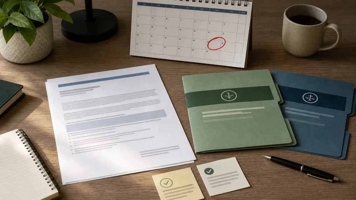 A student loan notice, calendar deadline and repayment option folders arranged on a desk.