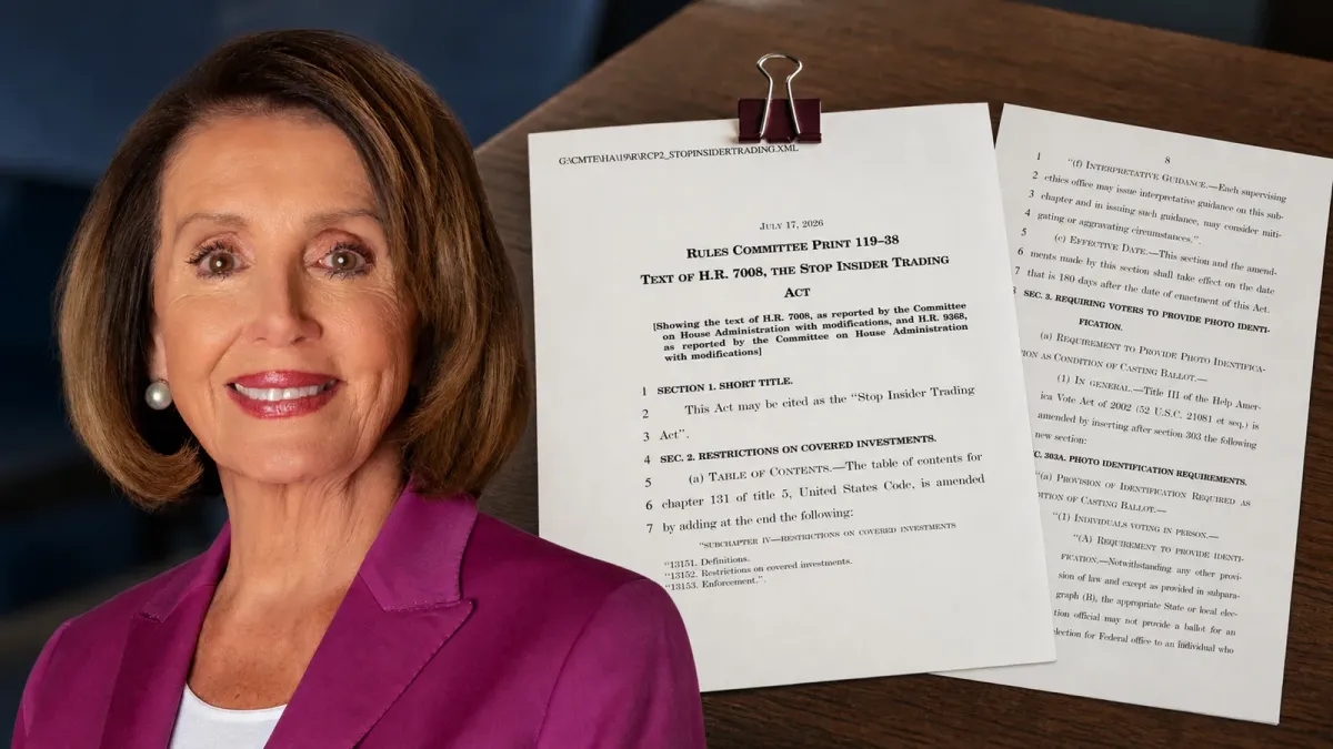 Editorial composite of Nancy Pelosi beside the H.R. 7008 bill packet opened to its voter-identification section.