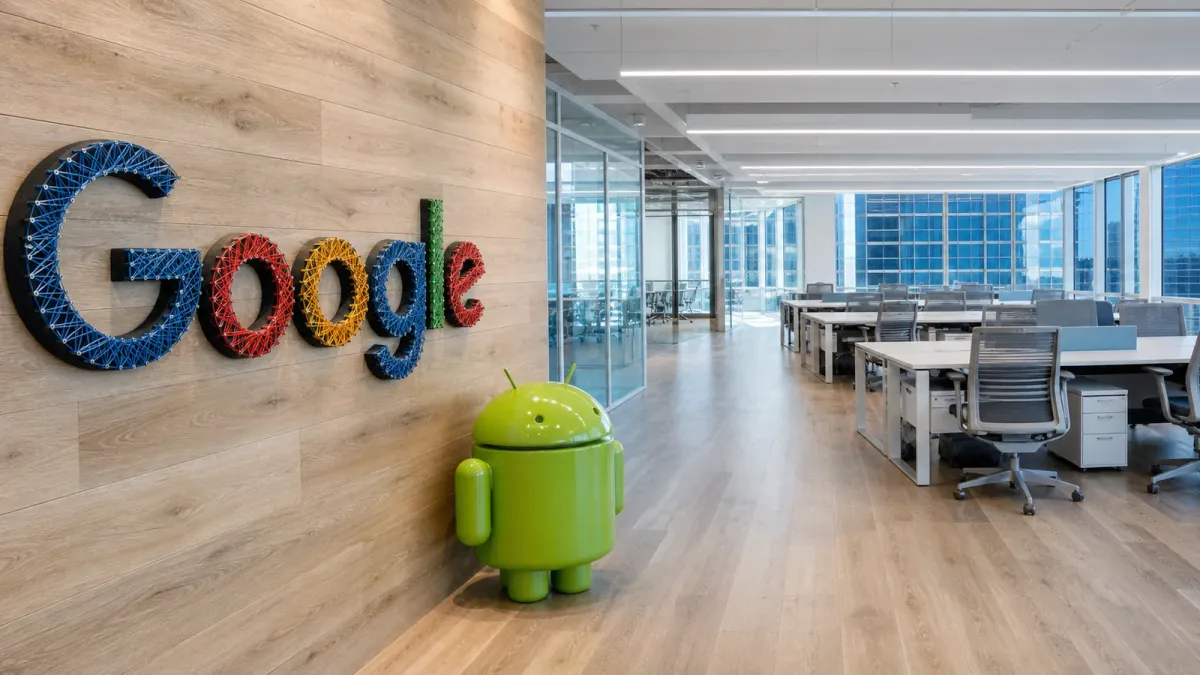 Google's recognizable Miami office wall opens into rows of unoccupied workspace in a transformed editorial view
