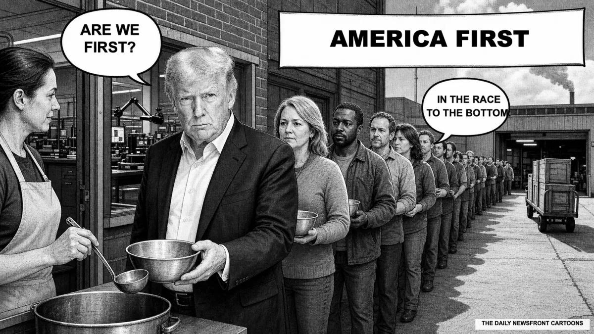 Donald Trump leads a long line of Americans into a soup kitchen beneath an AMERICA FIRST banner. He asks, “Are we first?” A volunteer answers, “In the race to the bottom.”