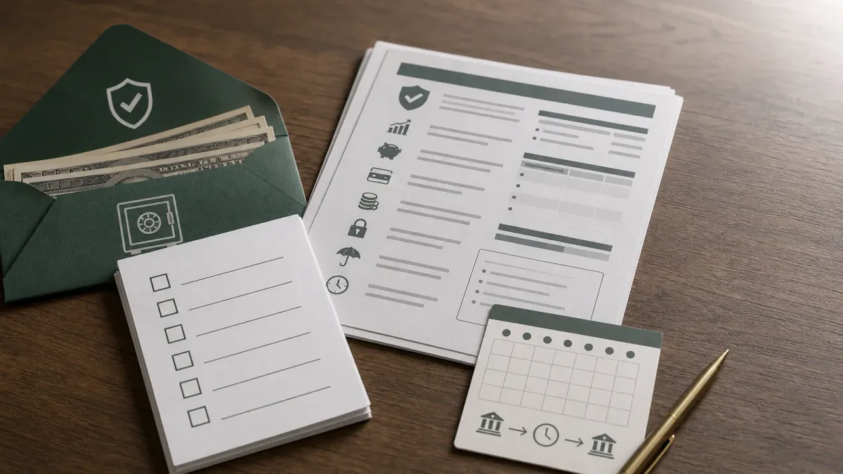 Emergency cash, account disclosures and a blank checklist arranged on a desk for comparing savings-account limits.