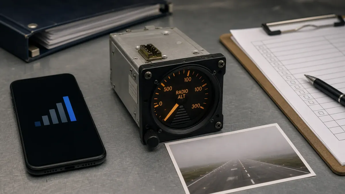 Generic aircraft altimeter hardware arranged with a phone signal icon, blank checklist and foggy runway card.