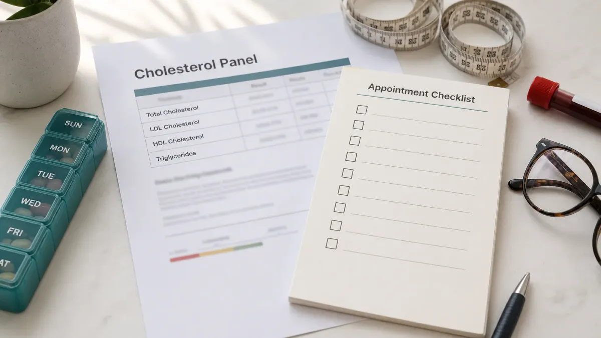A cholesterol lab report beside a pill organizer, measuring tape, and blank appointment checklist