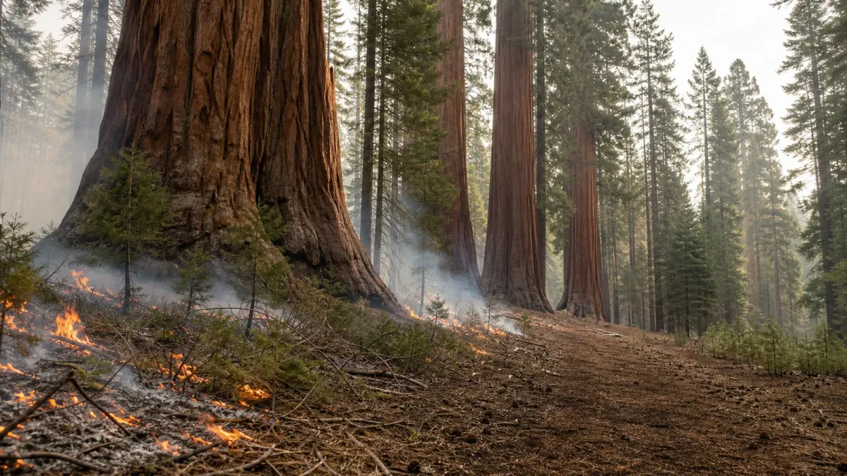 A low prescribed fire burns through a giant sequoia grove while the largest trunks remain above the flames.