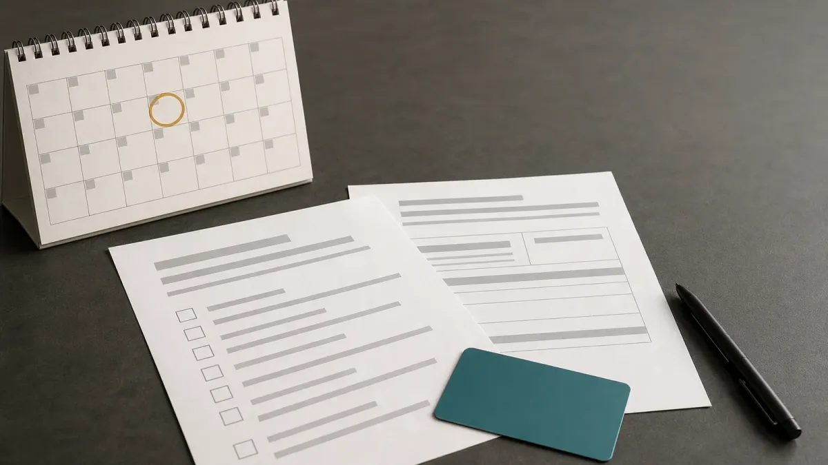A blank student loan autopay form, bank card and deadline calendar arranged on a desk