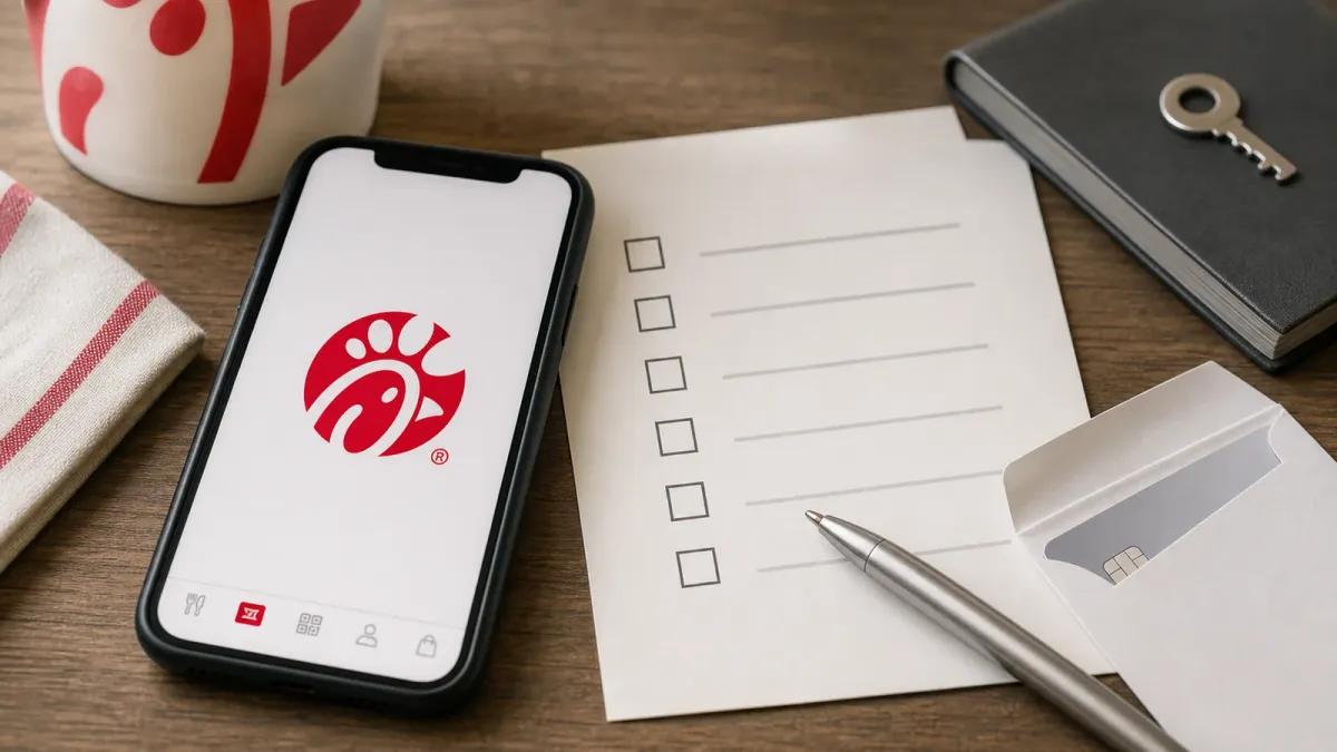 A Chick-fil-A app and logo reference beside account-security paperwork