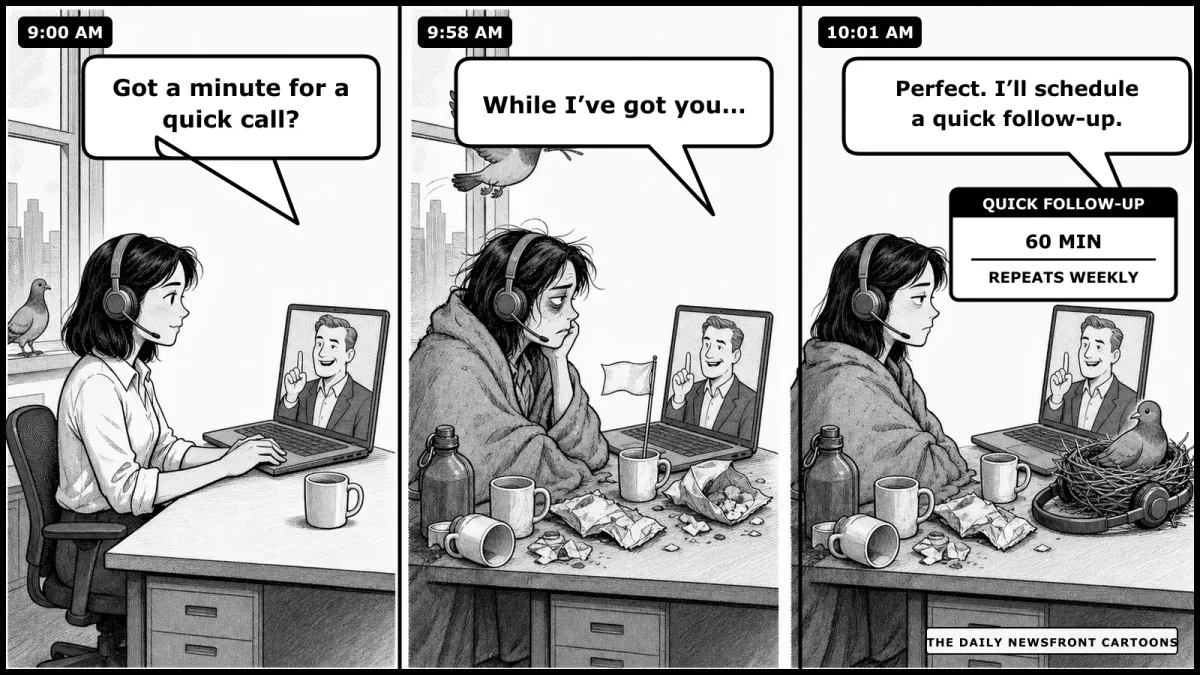 Three-panel black-and-white office cartoon: Mina accepts a one-minute quick call at 9:00, is still trapped at a campsite-like desk at 9:58, and at 10:01 receives a recurring 60-minute follow-up invite while a pigeon finishes a nest on her headset.