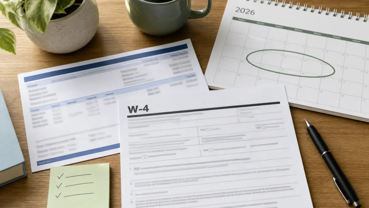 A paycheck, W-4-style form and calendar arranged as a withholding checkup workspace