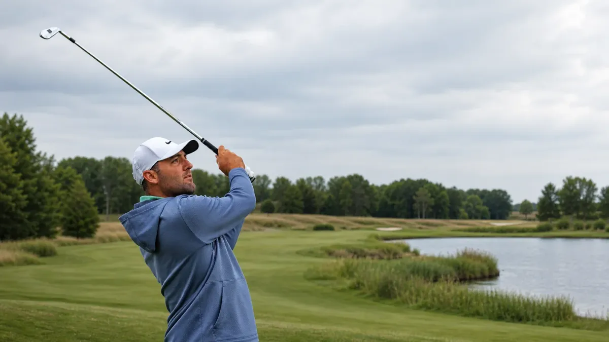 Scottie Scheffler follows a golf shot beside a long fairway and water-lined rough.