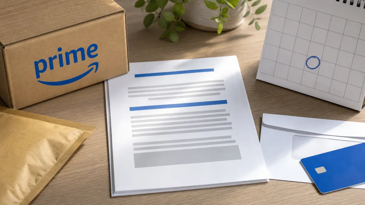 Amazon Prime-branded package beside settlement paperwork and a payment card on a desk