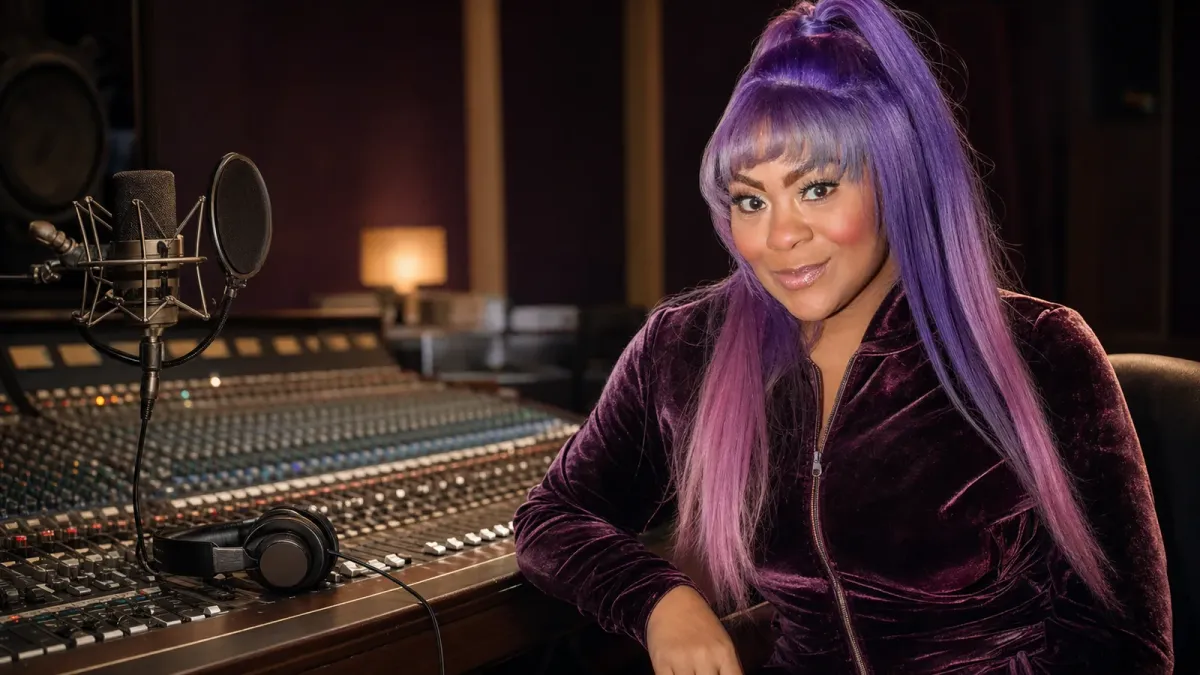 R&B singer Nivea seated in a recording studio beside a microphone and mixing console