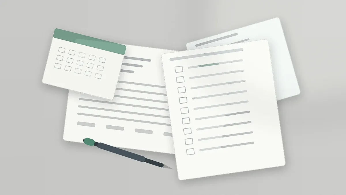 A desktop still life with blank claims paperwork, a calendar sheet and a separate job-search checklist.