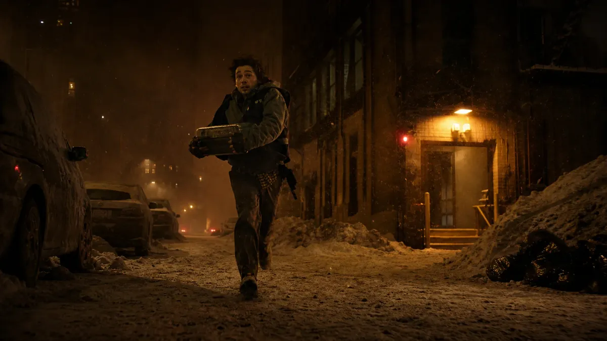 Austin Abrams as medical courier Bryan runs through a snow-gritted night street carrying a hard-shell delivery case.