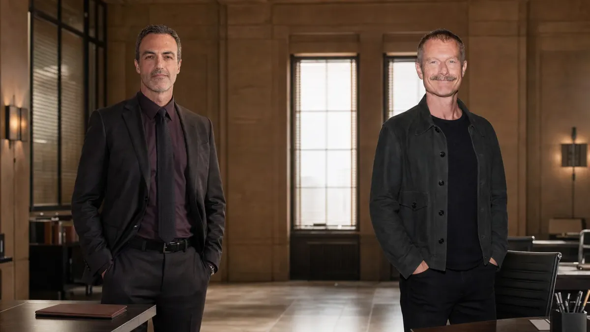 Reid Scott and James Badge Dale appear on opposite sides of an editorial precinct-office composition with an empty desk between them.