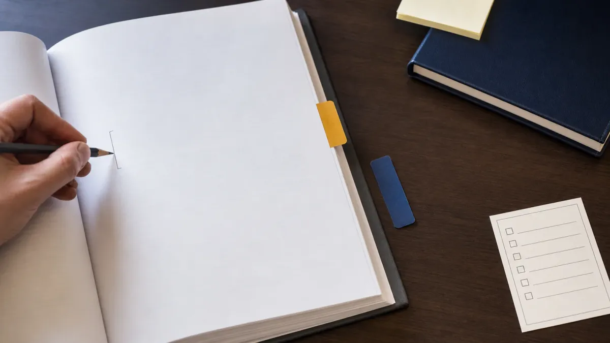 A defense bill packet with tabbed pages, a pencil mark and an empty oversight checklist on a desk.
