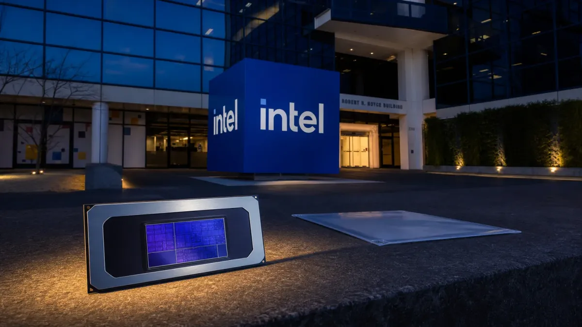 Intel's blue logo cube outside its Santa Clara headquarters, with an Intel processor lit in the foreground beside an unmarked document sleeve.